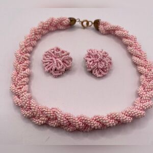 Vintage Women’s Necklace Earrings Pink Twisted Beads Choker 14” Barbiecore